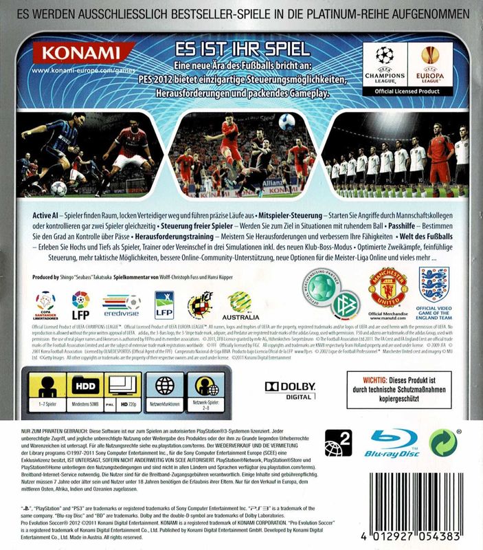 Back Cover for PES 2012: Pro Evolution Soccer (PlayStation 3) (Platinum release)