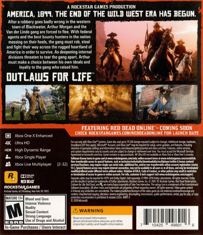 Back Cover for Red Dead Redemption II (Xbox One)