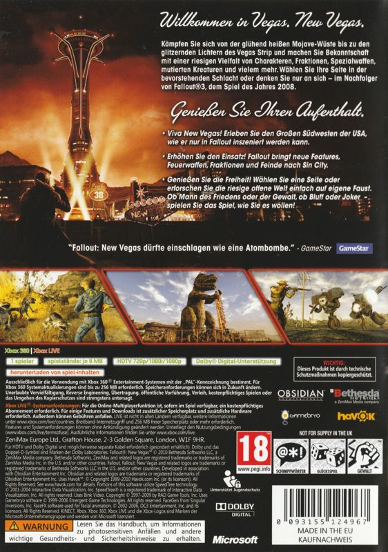 Back Cover for Fallout: New Vegas (Xbox 360)