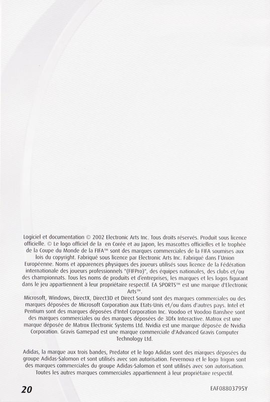 Manual for 2002 FIFA World Cup (Windows): Installation Guide - Back (20-page)