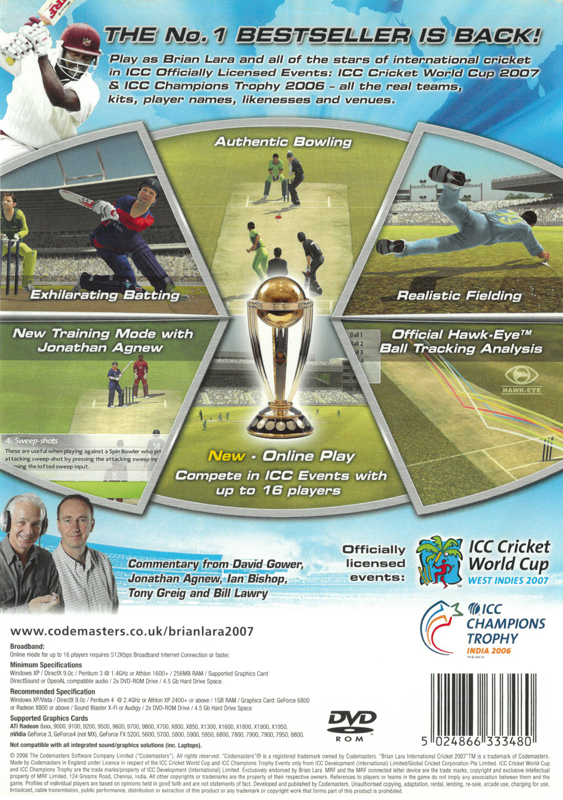 Back Cover for Brian Lara International Cricket 2007 (Windows)
