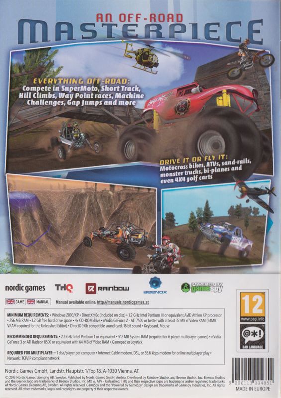 Back Cover for MX vs. ATV Unleashed (Windows) (2013 Nordic Games re-release; manuals included on CD for: UK, Italy, Germany, France, Australia.)