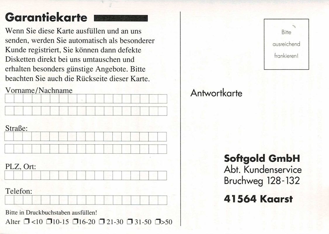 Extras for Star Wars: Rebel Assault (DOS) (3rd German release): Registration Card - Back