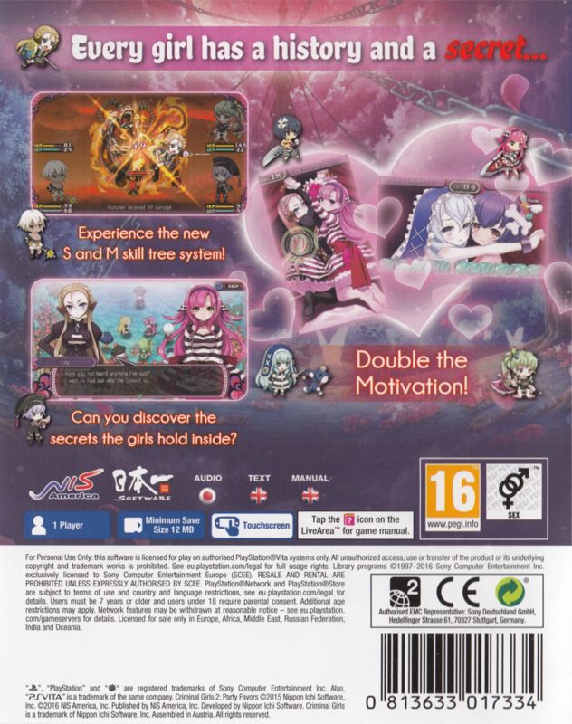 Other for Criminal Girls 2: Party Favors (Party Bag Edition) (PS Vita): Keep Case - Back