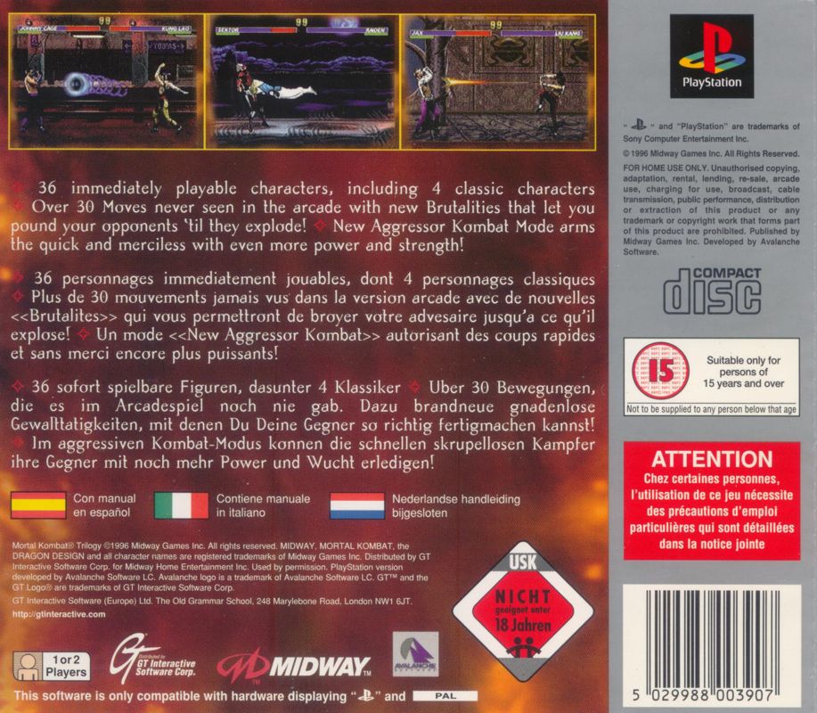 Back Cover for Mortal Kombat Trilogy (PlayStation) (Platinum release)
