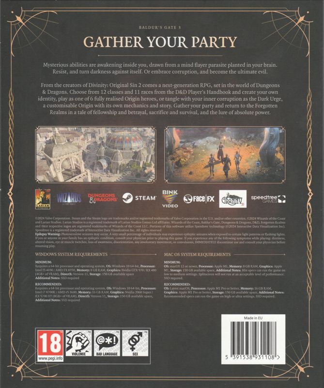 Back Cover for Baldur's Gate III (Deluxe Edition) (Macintosh and Windows) (PEGI-rated version)