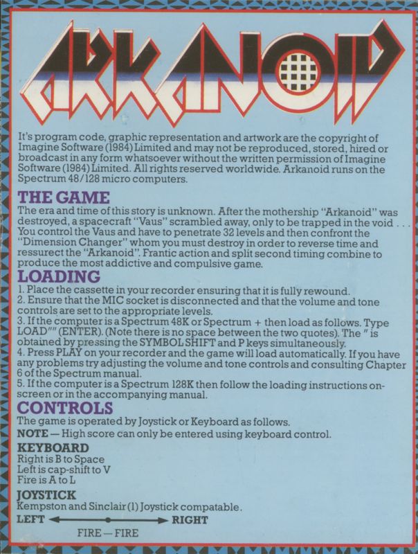 Inside Cover for Arkanoid (ZX Spectrum)