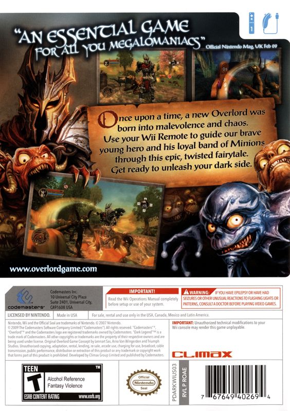 Back Cover for Overlord: Dark Legend (Wii)