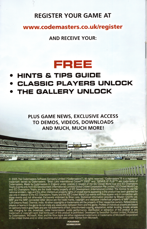 Manual for Brian Lara International Cricket 2005 (Xbox): Back