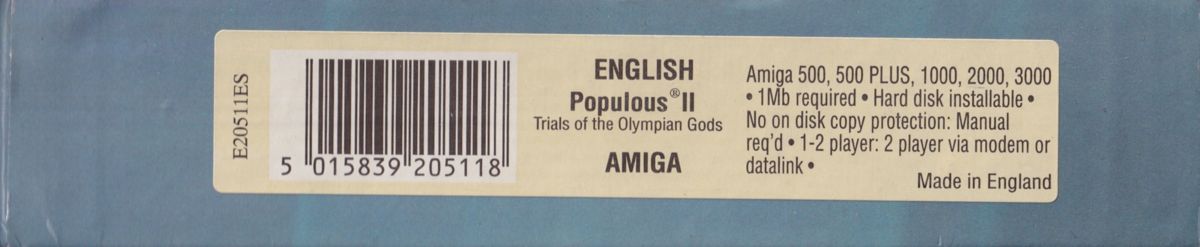 Spine/Sides for Populous II: Trials of the Olympian Gods (Amiga): Top