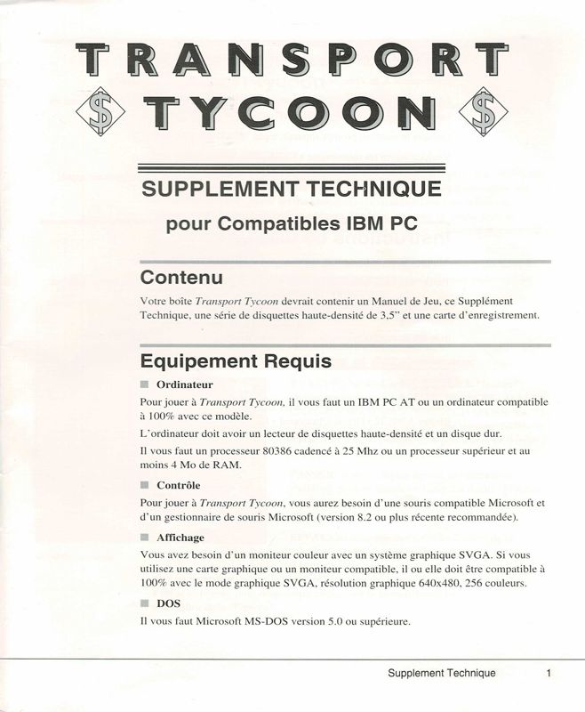 Reference Card for Transport Tycoon (DOS): Front