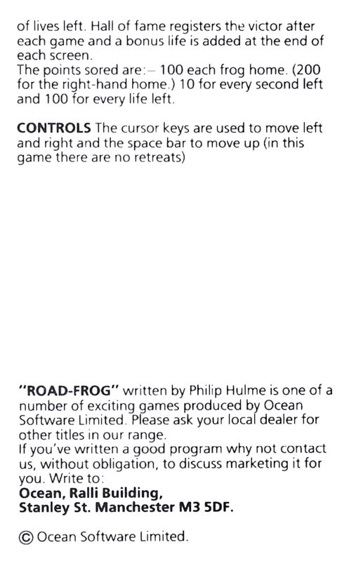 Inside Cover for Road Frog (Oric)