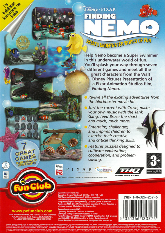 Back Cover for Disney•Pixar Finding Nemo: Nemo's Underwater World of Fun (Macintosh and Windows) (PC Fun Club release)