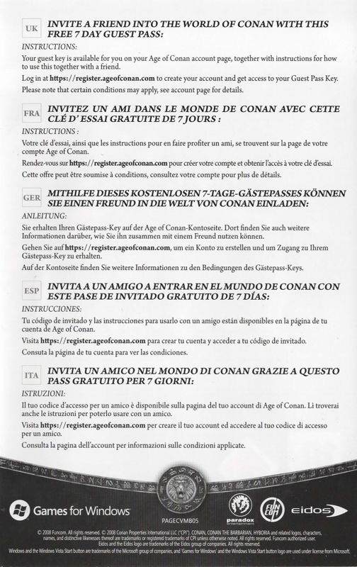 Extras for Age of Conan: Hyborian Adventures (Windows) (60 day pre-paid card of game time): Guest Pass - Back