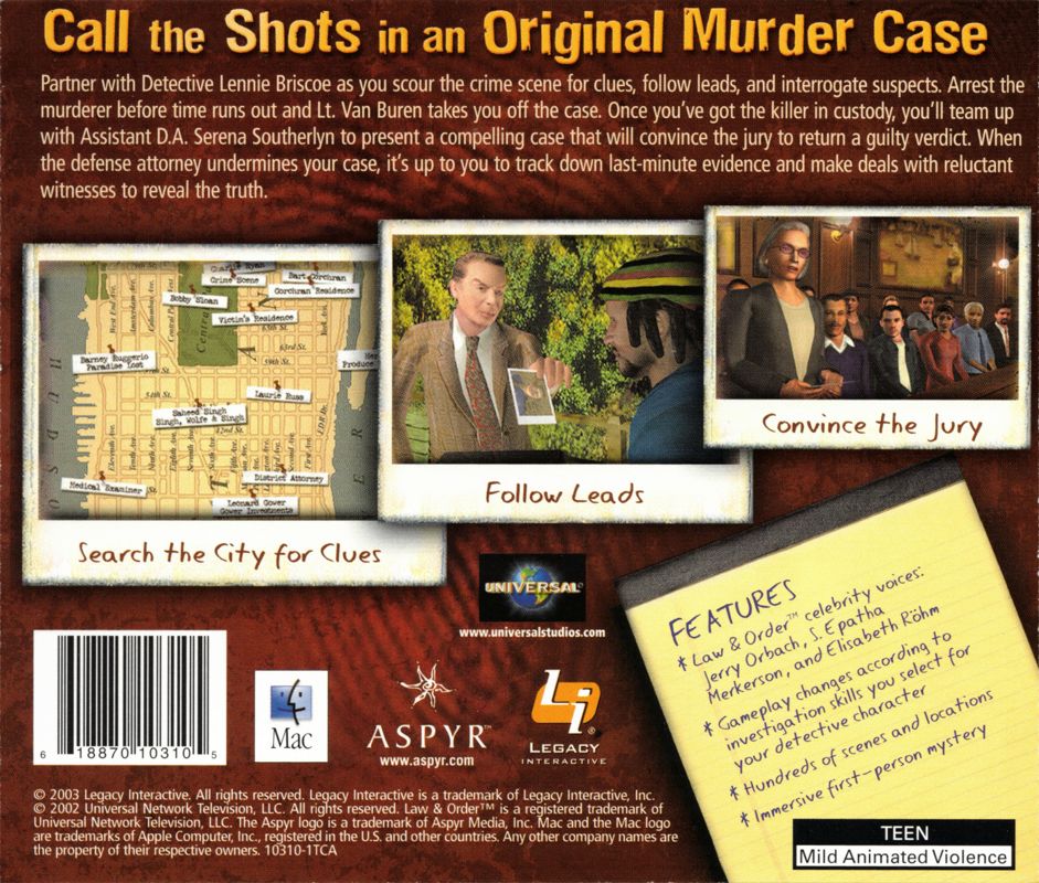 Other for Law & Order: Dead on the Money (Macintosh): Jewel Case - Back