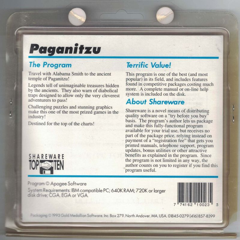 Back Cover for Paganitzu (DOS) (Gold Medallion Software distribution)