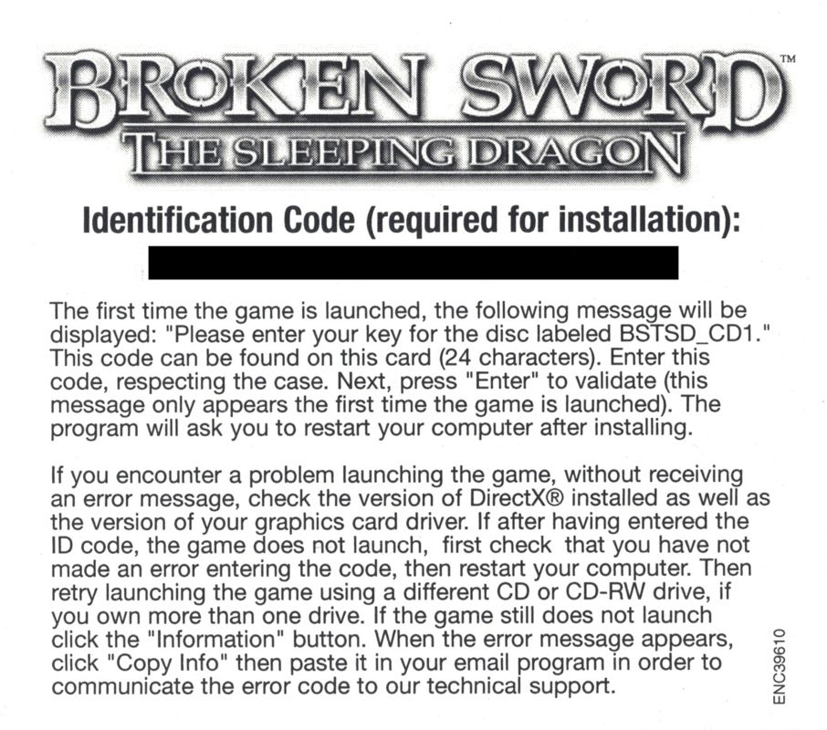 Other for Broken Sword: The Sleeping Dragon (Windows): Identification Code Card