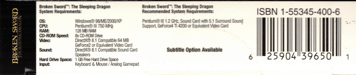 Spine/Sides for Broken Sword: The Sleeping Dragon (Windows): Bottom