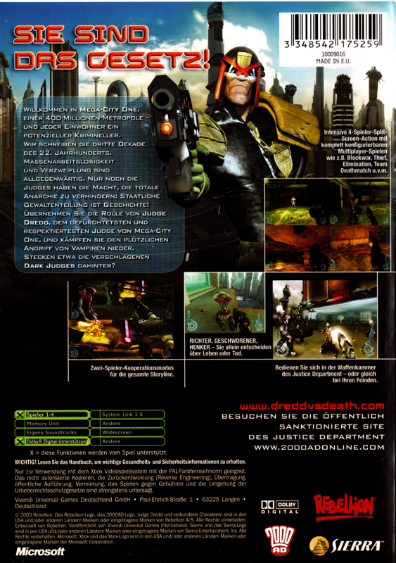 Back Cover for Judge Dredd: Dredd vs Death (Xbox)