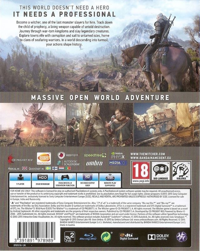 Back Cover for The Witcher 3: Wild Hunt (PlayStation 4)
