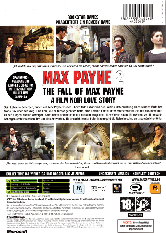 Back Cover for Max Payne 2: The Fall of Max Payne (Xbox)