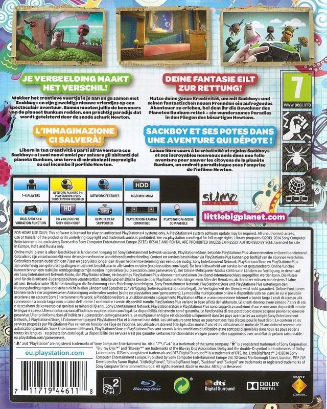 Back Cover for LittleBigPlanet 3 (PlayStation 4)