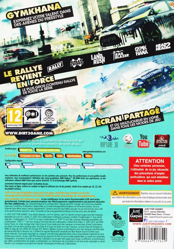 Back Cover for DiRT 3 (Windows) (Just for Games release)