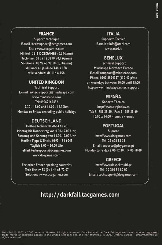 Manual for Dark Fall: The Journal (Windows): Back (12-page)