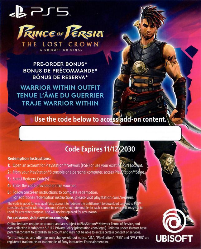 Extras for Prince of Persia: The Lost Crown (PlayStation 5): Warrior Within Outfit Code