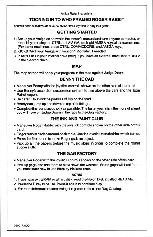 Manual for Who Framed Roger Rabbit (Amiga): Amiga Player instructions