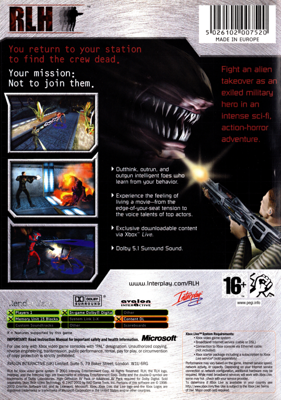 Back Cover for Run Like Hell (Xbox)