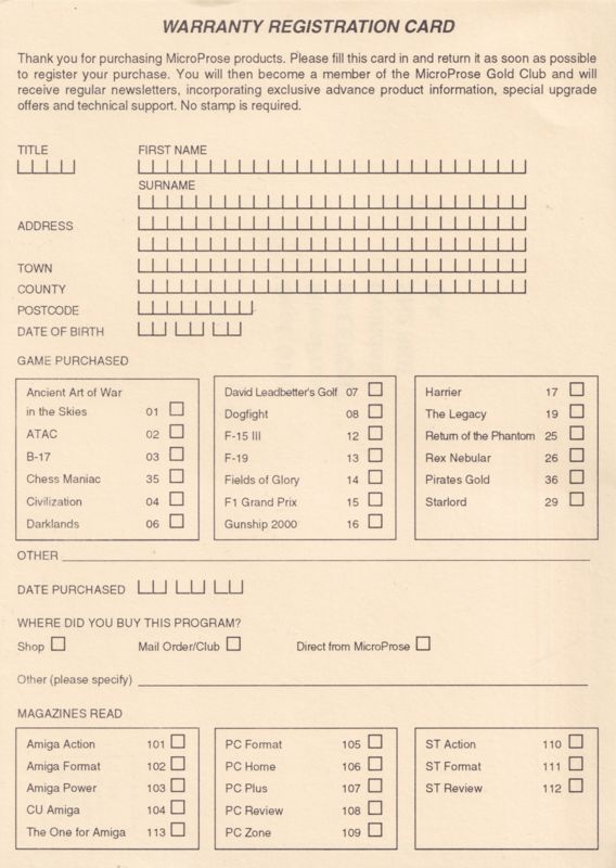 Extras for Gunship 2000 (Amiga) (Summer Suprise Version): Registration Card - Front