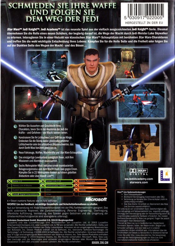 Back Cover for Star Wars: Jedi Knight - Jedi Academy (Xbox)