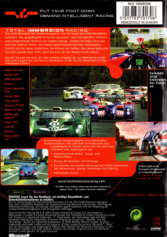 Back Cover for Total Immersion Racing (Xbox)