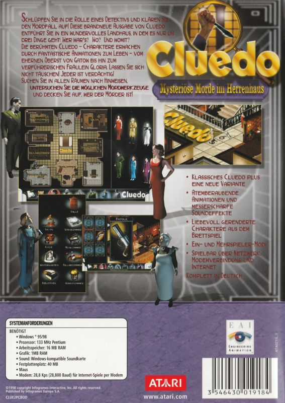 Back Cover for Clue: Murder at Boddy Mansion (Windows) (Atari release)