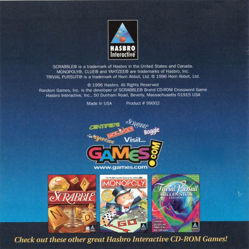 Inside Cover for Scrabble (Macintosh and Windows and Windows 16-bit): Front Reverse