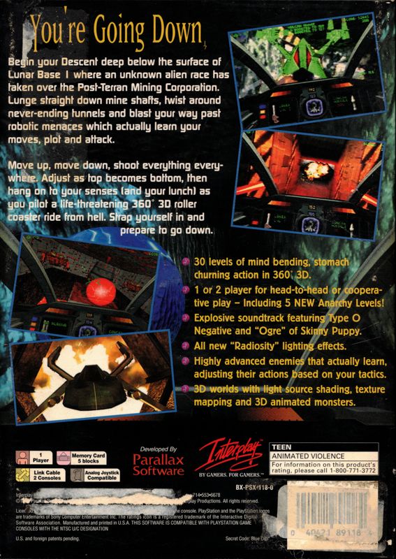 Back Cover for Descent (PlayStation)