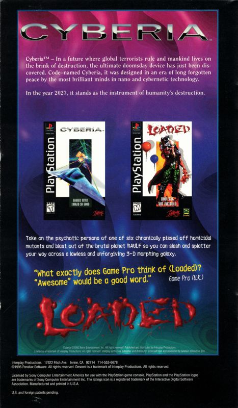 Manual for Descent (PlayStation): Back