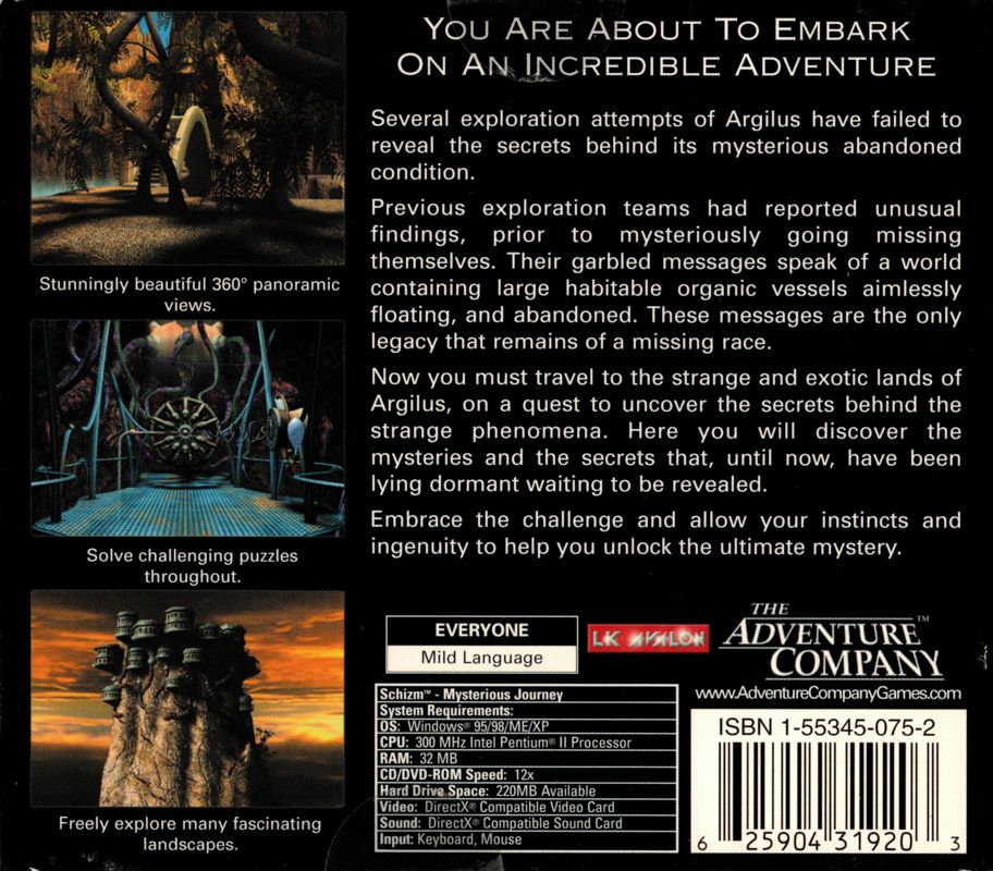 Back Cover for Schizm: Mysterious Journey (Windows) (Mini box)