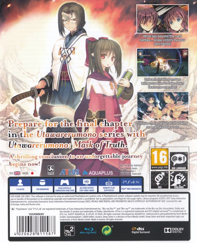 Back Cover for Utawarerumono: Mask of Truth (PlayStation 4)