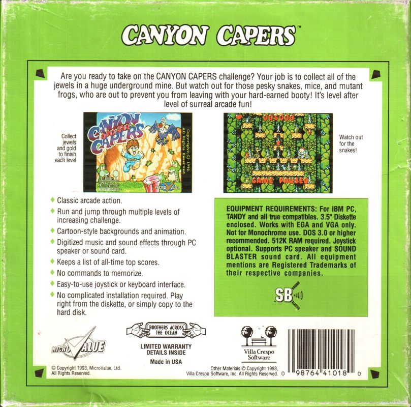 Back Cover for Dino Jnr. in Canyon Capers (DOS)
