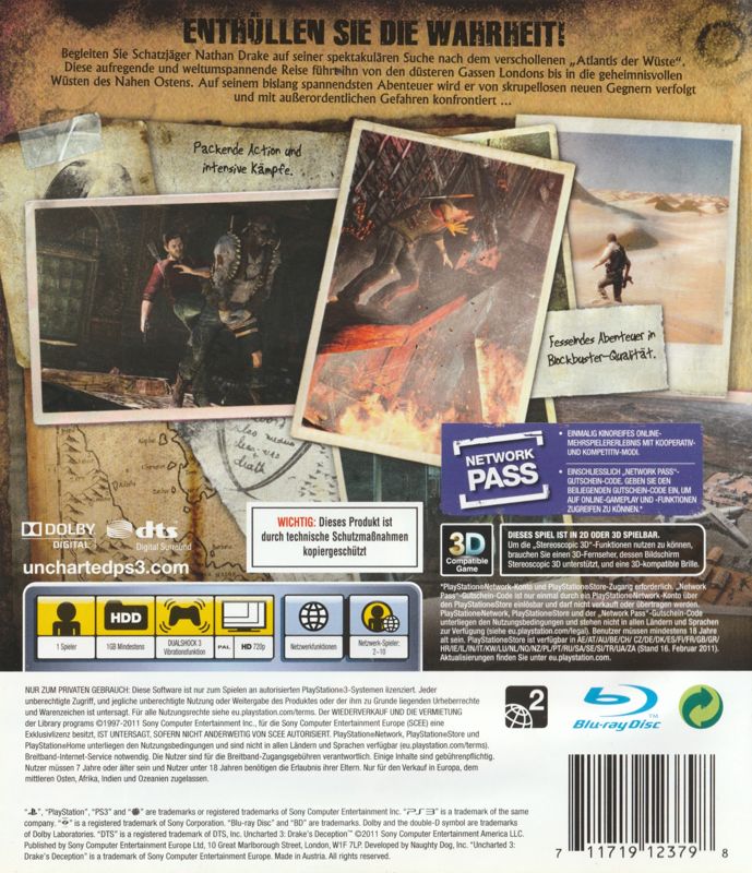 Back Cover for Uncharted 3: Drake's Deception (PlayStation 3)