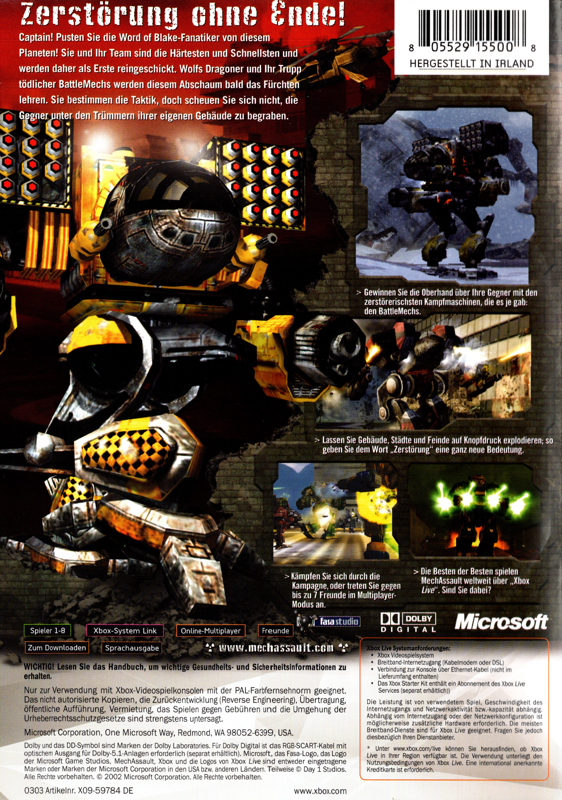 Back Cover for MechAssault (Xbox) (Re-release)