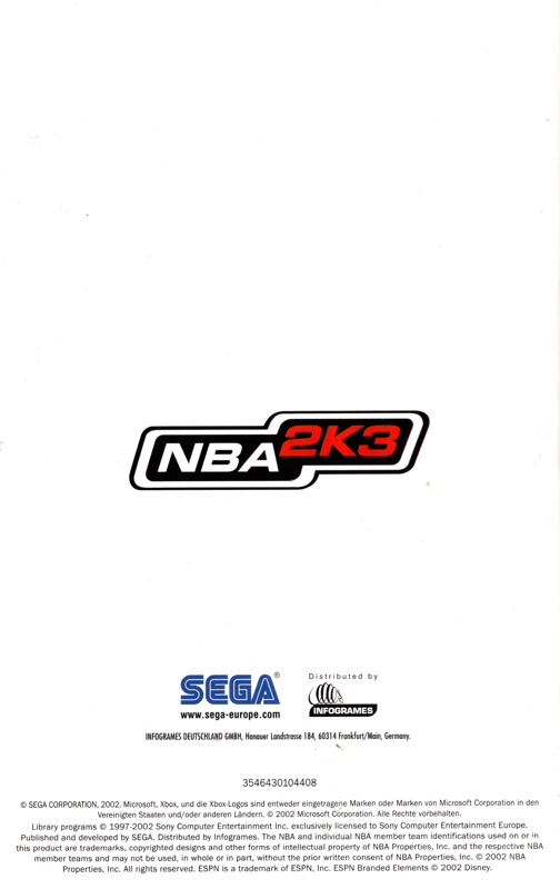 Manual for NBA 2K3 (Xbox): Back