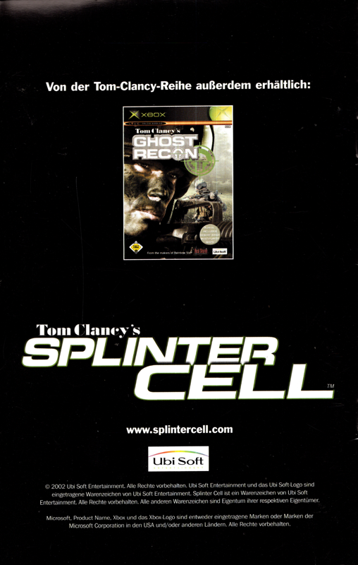 Manual for Tom Clancy's Splinter Cell (Xbox): Back