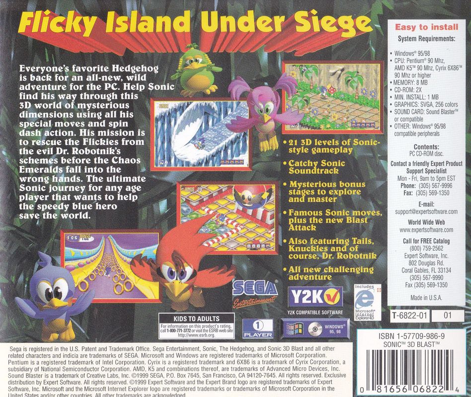 Back Cover for Sonic 3D Blast (Windows) (Expert Software release)