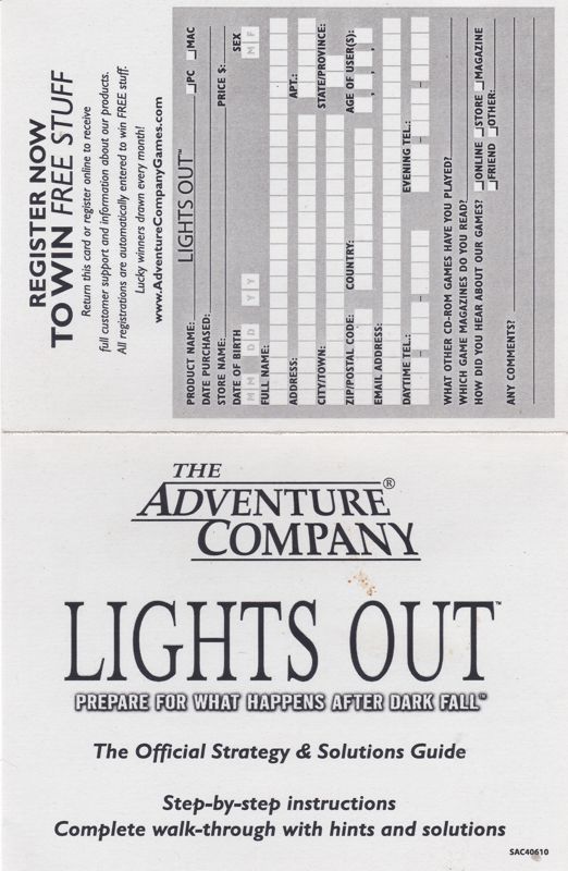 Other for Lights Out (Windows): Registration Card and Strategy Guide Order Form: Side 1