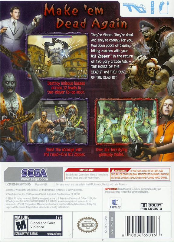 Back Cover for The House of the Dead 2 & 3 Return (Wii)