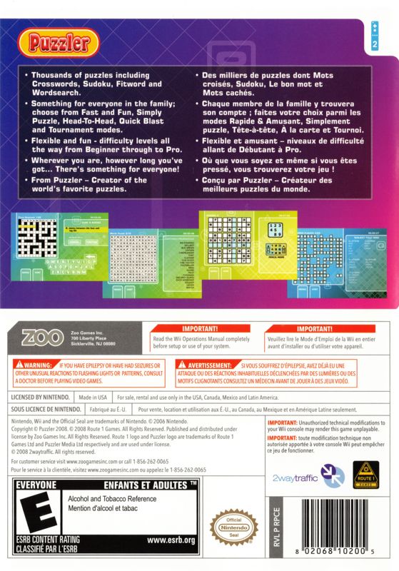 Back Cover for Puzzler Collection (Wii)