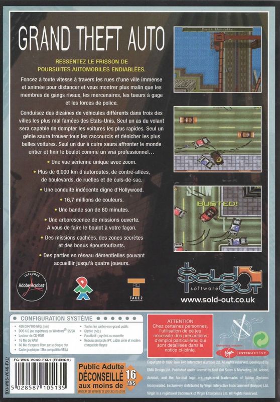 Back Cover for Grand Theft Auto (DOS and Windows) (Sold Out Software / X Label line)